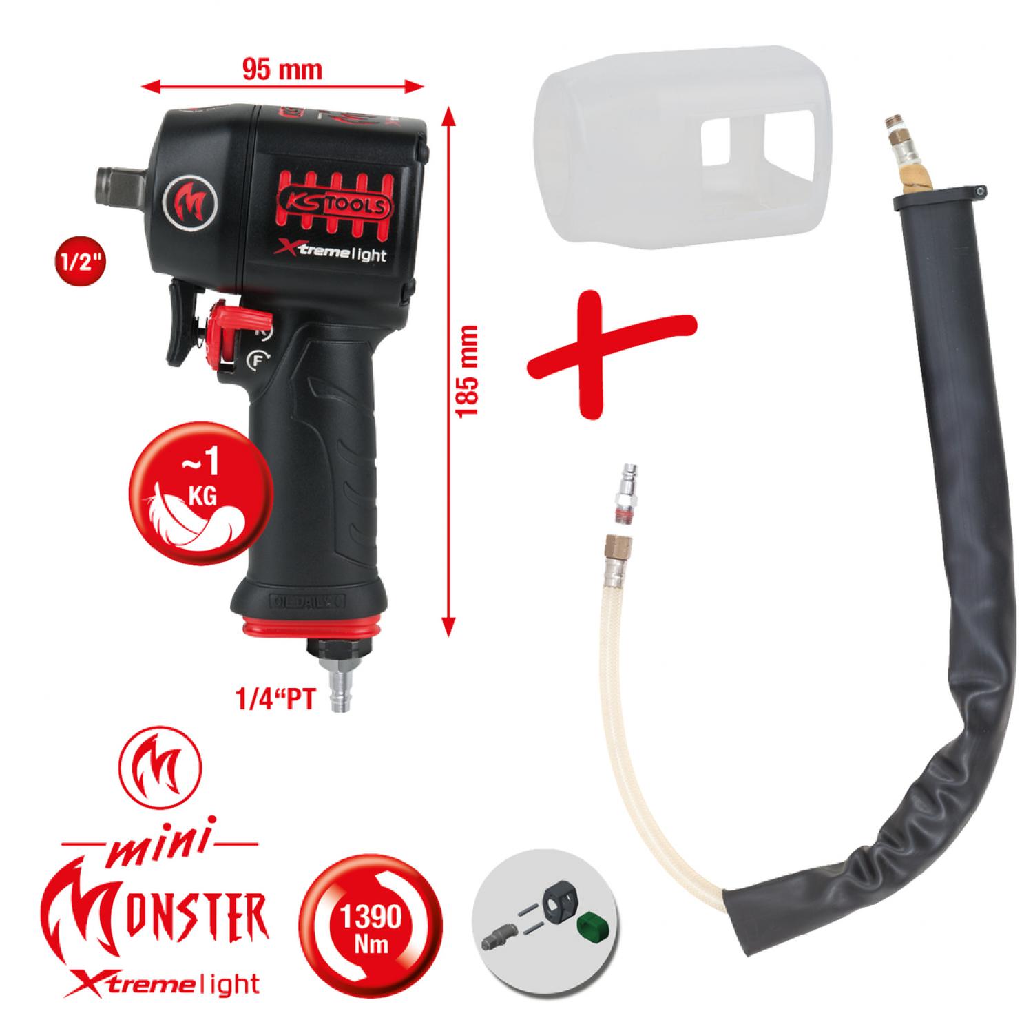 картинка Высокопроизводительный пневматический ударный гайковерт miniMONSTER Xtremelight 1/2" 1.390 Нм с пыльником и шумопоглощающим шлангом от магазина "Элит-инструмент"