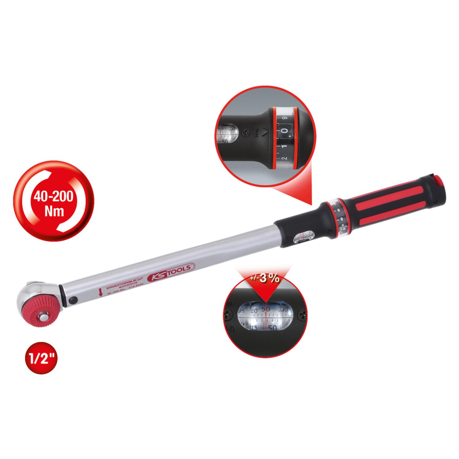 Динамометрический ключ ERGOTORQUE®precision 1/2" 40-200 Нм с быстрозажимной съемной трещоточной головкой и поворотной ручкой