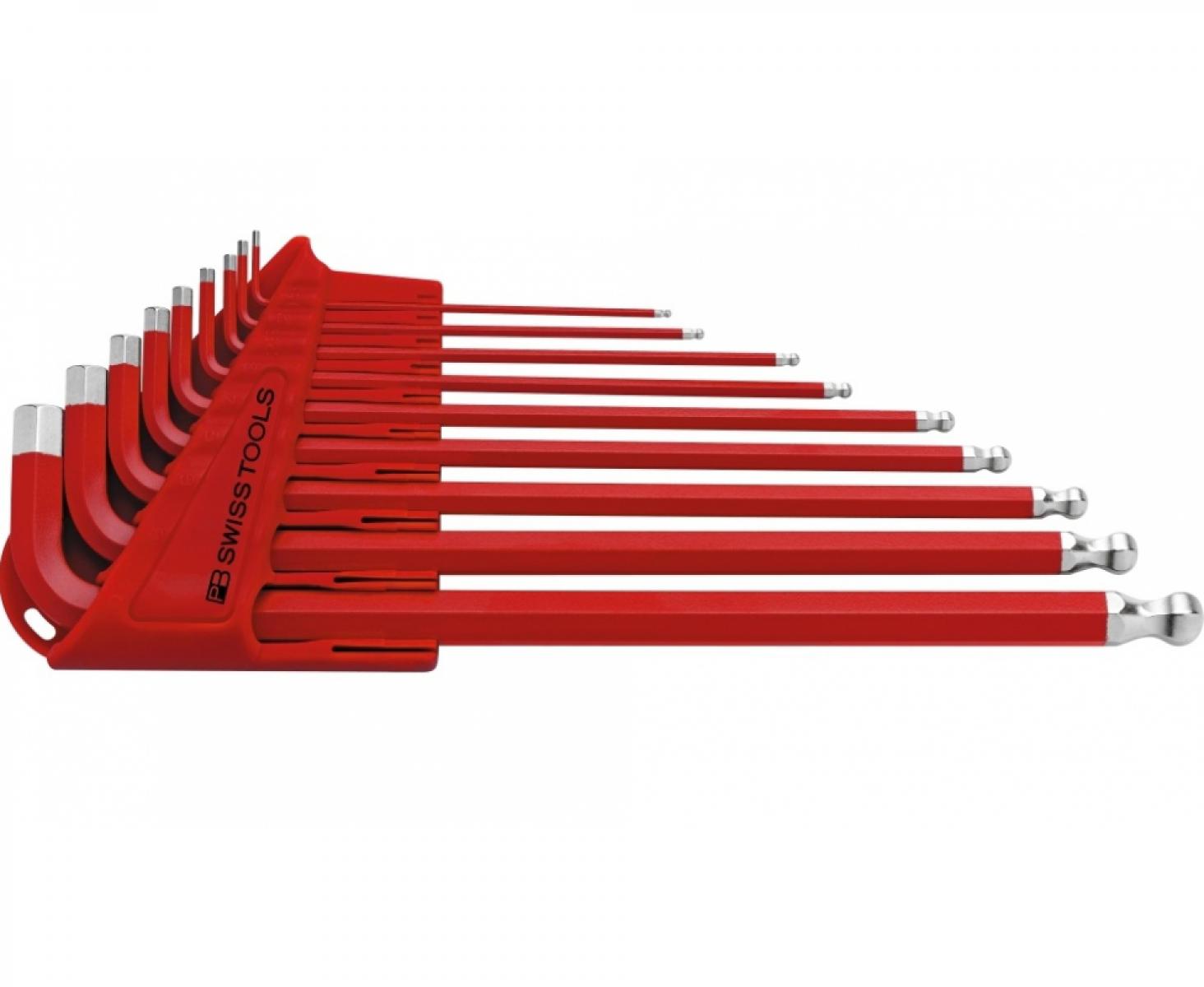 картинка Набор длинных красных штифтовых ключей HEX PB Swiss Tools PB 212L.H-10 RE со сферической головкой 9 шт. от магазина "Элит-инструмент"