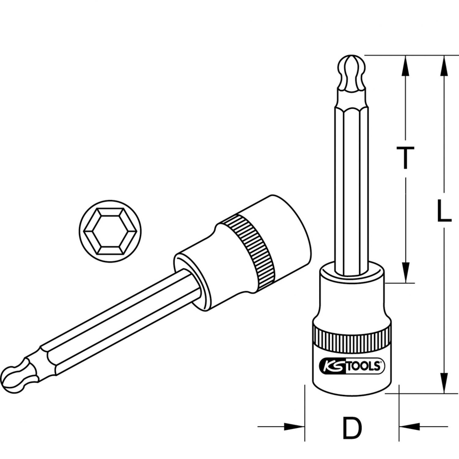 картинка Торцовая головка с битом CHROMEplus 1/2'' с внутренним шестигранником и шаровой головкой, длинная, 12 мм от магазина "Элит-инструмент"