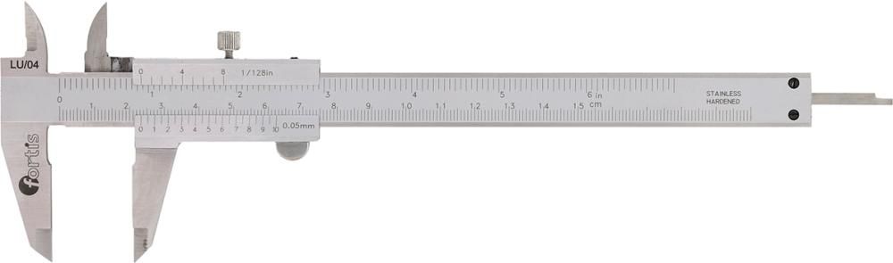 Карманные штангенциркули, FORTIS 4317784787406 (диапазон измерения - 150 мм / длина челюсти - 40 мм / дизайн - Locking screw / нижний нониус - 0,05 мм / верньер верхний - 1/128 " / глубиномер - Rectangular, 4 x 1.5 мм)