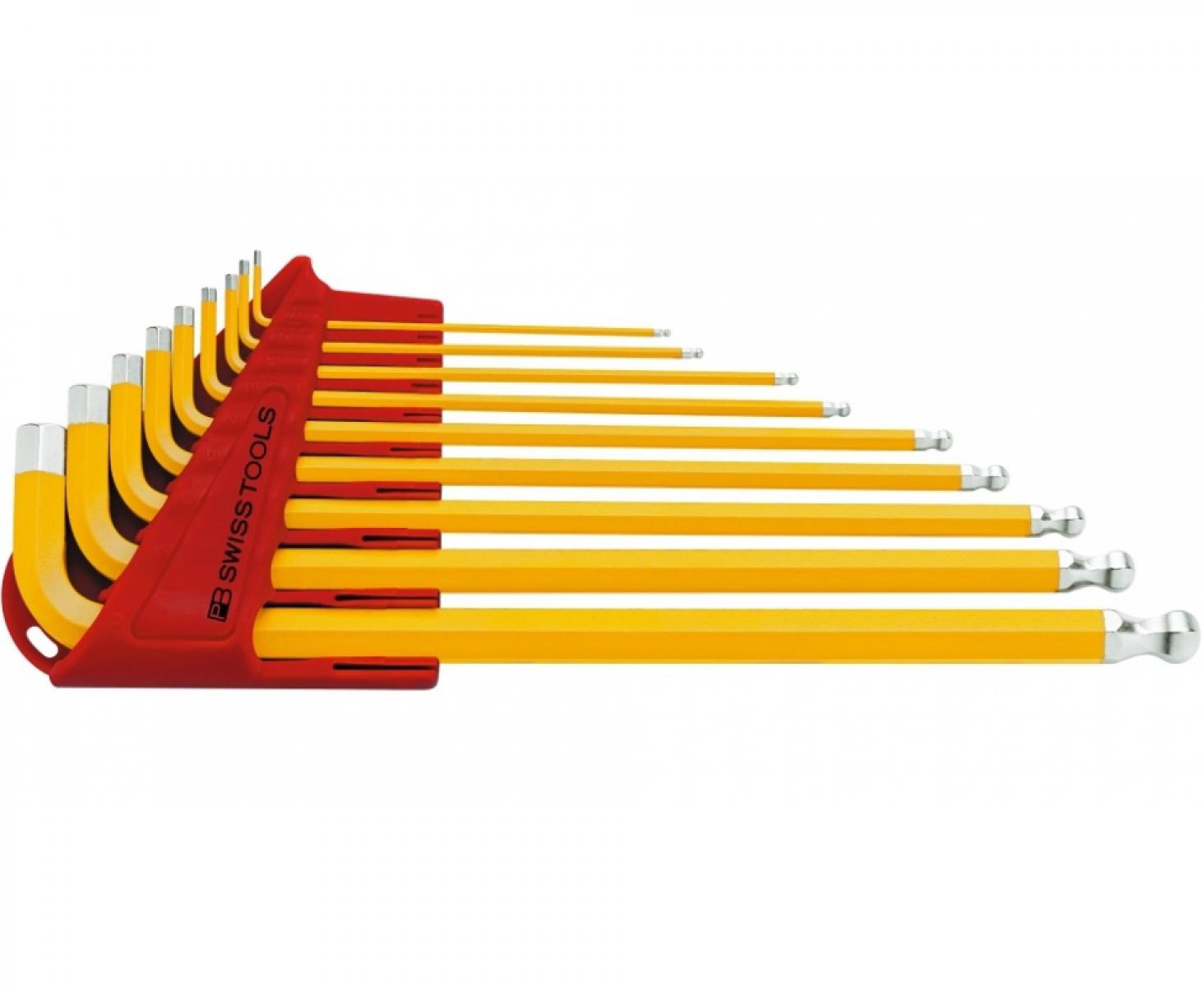 картинка Набор длинных желтых штифтовых ключей HEX PB Swiss Tools PB 212L.H-10 YE со сферической головкой 9 шт. от магазина "Элит-инструмент"