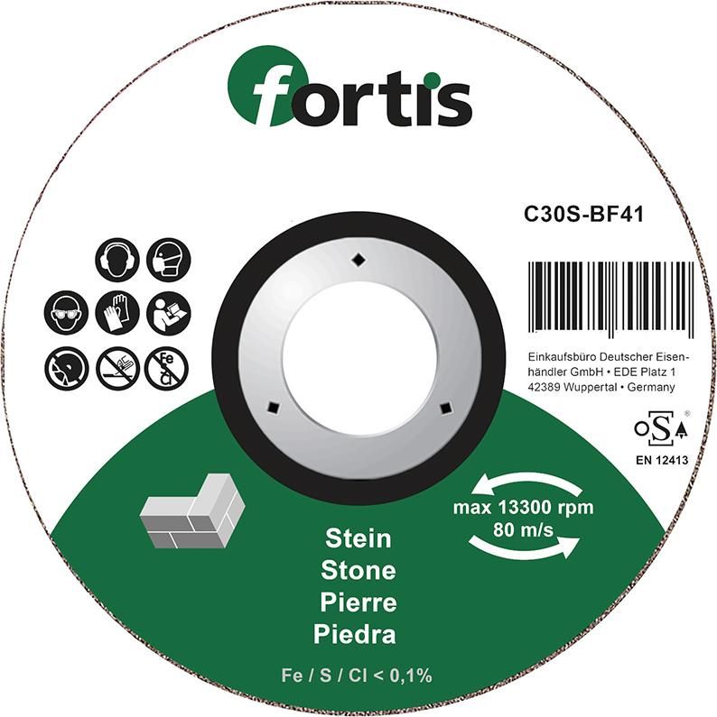 Отрезной диск по камню, FORTIS 4317784704472 (внешний ø - 115 мм / толщина - 2,5 мм / форма пластины - Straight / диаметр отверстия - 22,23 мм / макс.об/мин - 13300 min-1)