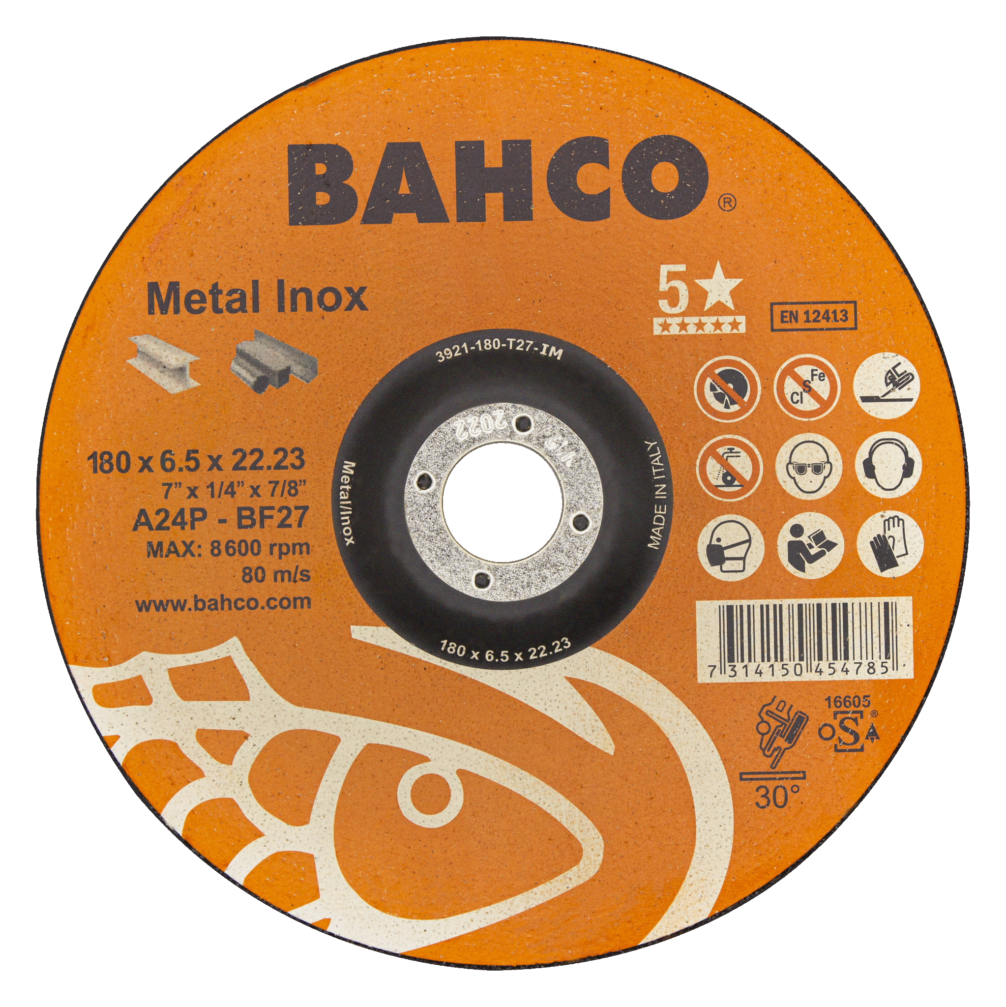 картинка Высокороизводительные диски для шлифования нержавеющей стали и металла 180 x 6.5 x 22.23mm BAHCO 3921-180-T27-IM от магазина "Элит-инструмент"