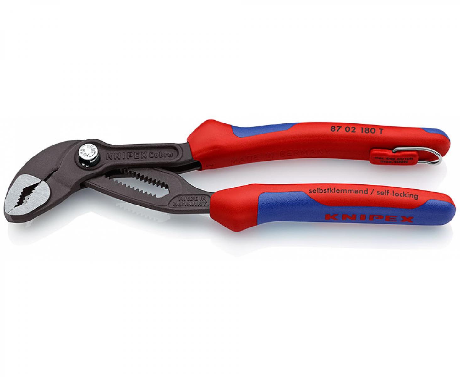 картинка KNIPEX Cobra высокотехнологичные сантехнические клещи KN-8702180TBK со страховочным креплением от магазина "Элит-инструмент"