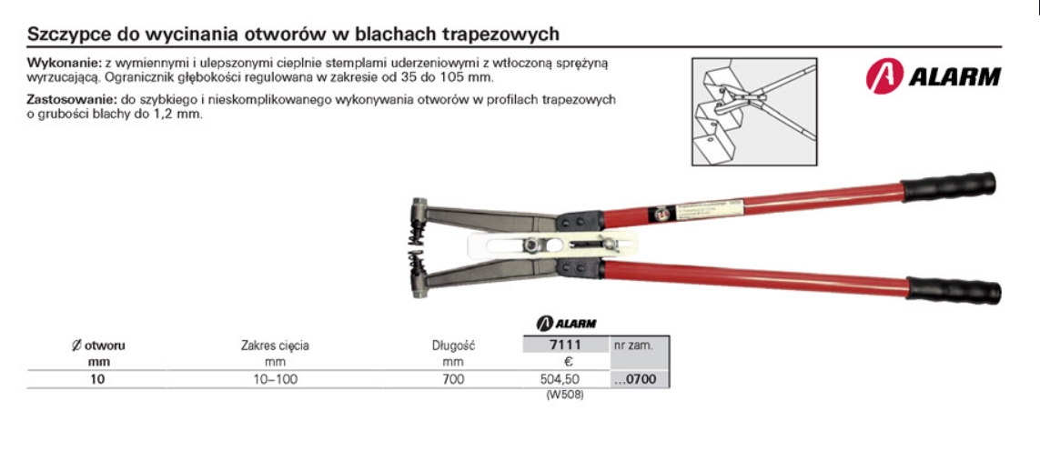 картинка Дырокол для профнастила/ Клещи для пробивки отверстий в металлических профлистах диаметром 10мм ALARM 14700/7111 0700 Fplus от магазина "Элит-инструмент"