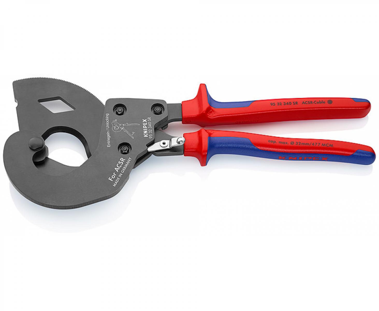 картинка Ножницы по принципу трещотки для резки кабелей ACSR Knipex KN-9532340SR от магазина "Элит-инструмент"