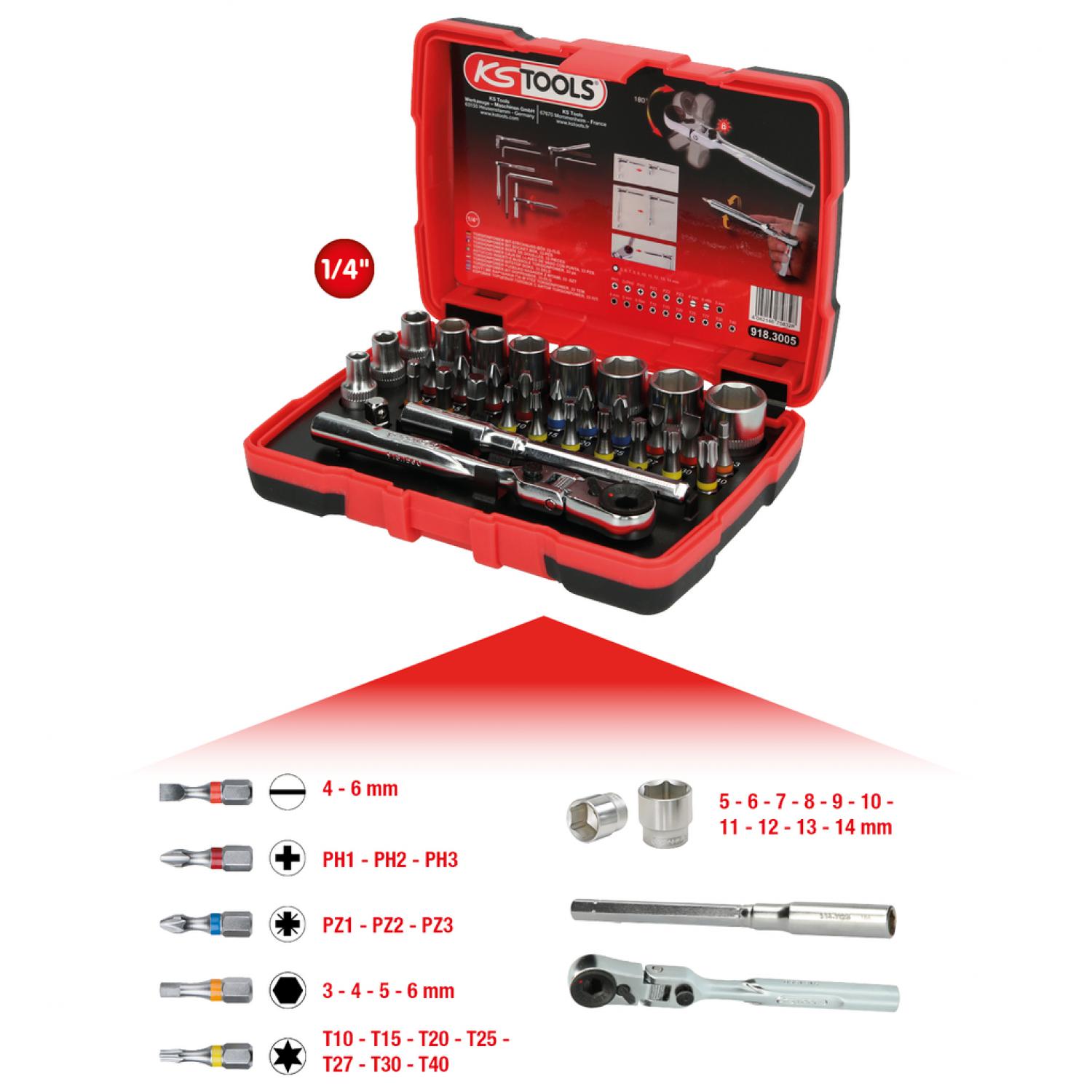 Коробка торцевых головок 1/4" с битой TORSIONpower, 33 шт