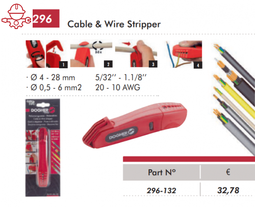 296 Инструмент для зачистки кабелей и проводов, Кабельный нож Ø S 4-28 Multi, 5/32’’ - 1.1/8’’, Ø 0,5 - 6 mm2, 20 - 10 AWG Dogher ref. 296-132
