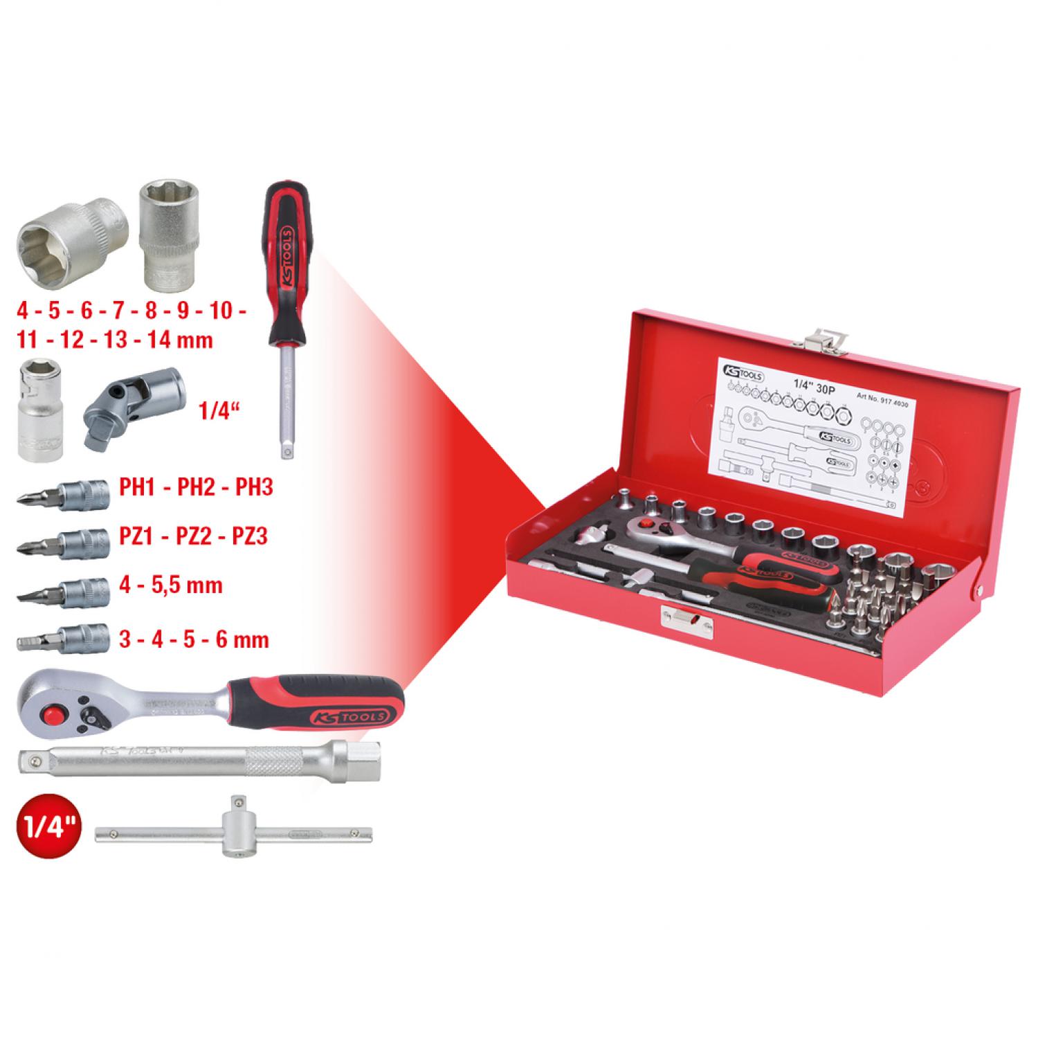 картинка Комплект торцовых ключей 1/4'', 30 шт  KSTools 917.4030 от магазина "Элит-инструмент"