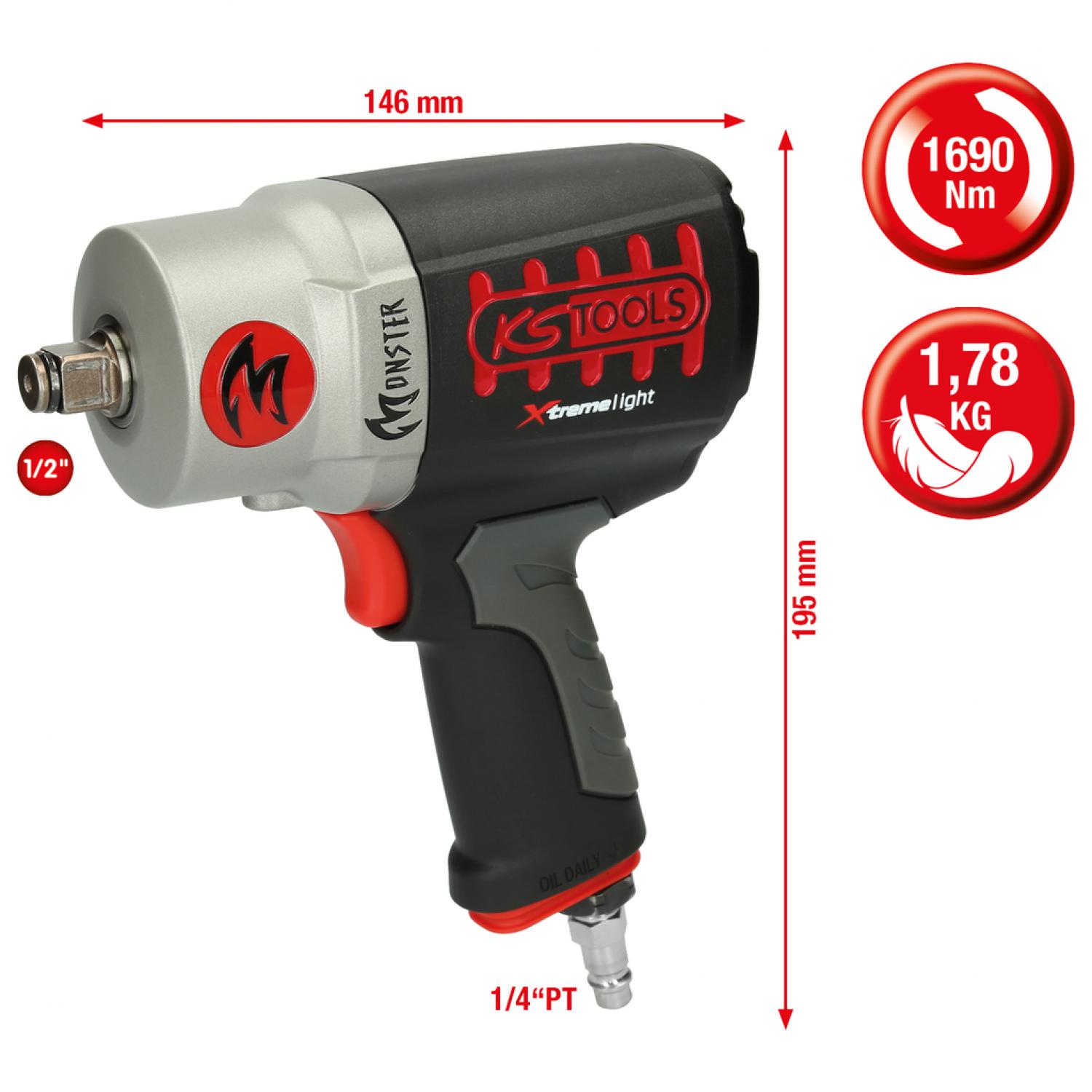 MONSTER Xtremelight Высокопроизводительный пневматический ударный гайковерт 1/2'', 1690 Нм