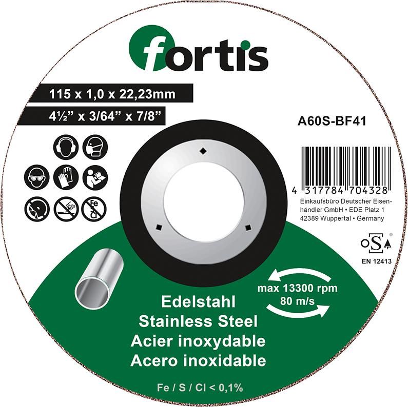Отрезной диск для нержавеющей стали, FORTIS 4317784704328 (внешний ø - 115 мм / толщина - 1 мм / форма пластины - Straight / диаметр отверстия - 22,23 мм / макс.об/мин - 13300 min-1)