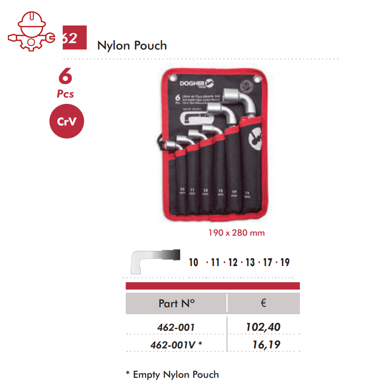 картинка 462 - Набор накидных ключей ключей 6 предметов 10-19мм в Nylon планшете DOGHER Ref 462-001 от магазина "Элит-инструмент"