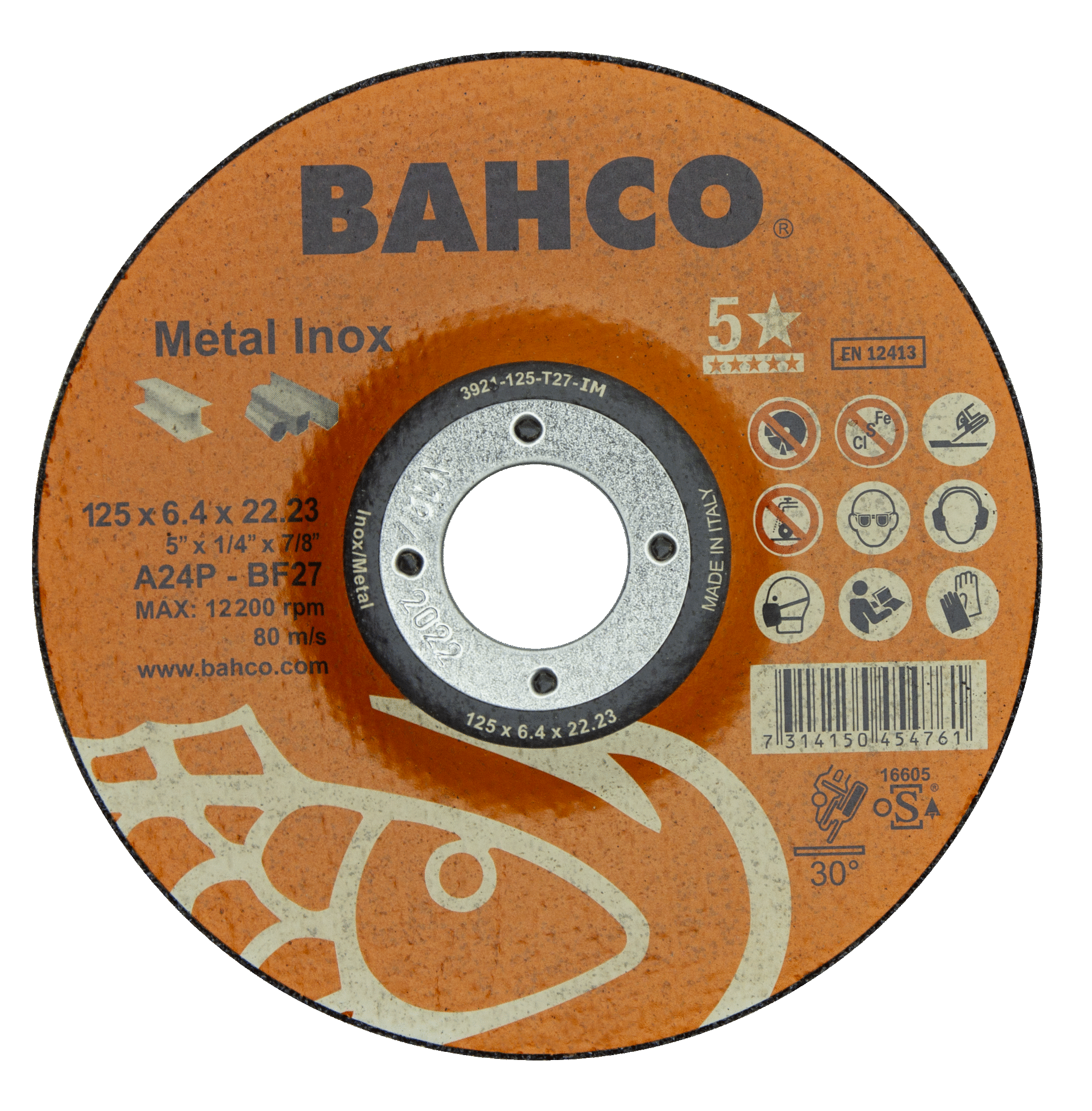 картинка Высокороизводительные диски для шлифования нержавеющей стали и металла 115 x 6.4 x 22.23mm BAHCO 3921-115-T27-IM от магазина "Элит-инструмент"