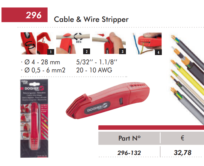 картинка 296 Инструмент для зачистки кабелей и проводов, Кабельный нож Ø S 4-28 Multi, 5/32’’ - 1.1/8’’, Ø 0,5 - 6 mm2, 20 - 10 AWG Dogher ref. 296-132 от магазина "Элит-инструмент"