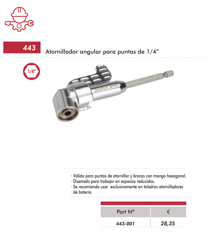 картинка Угловая отвертка для наконечников 1/4 дюйма Dogher Tools 443-001 от магазина "Элит-инструмент"