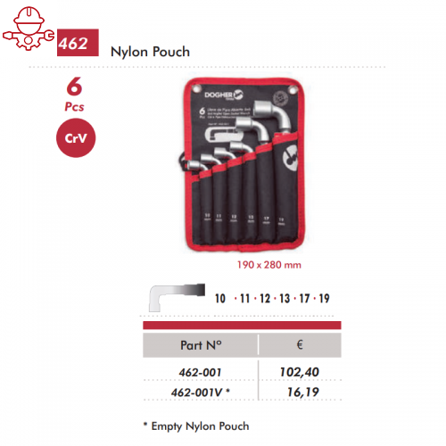 462 - Набор накидных ключей ключей 6 предметов 10-19мм в Nylon планшете DOGHER Ref 462-001