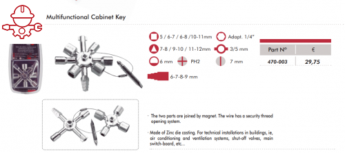 Многофункциональный ключ от шкафа DogherKey для распространенных шкафов и систем запирания Dogher ref. 470-003