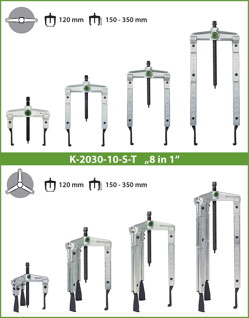 картинка Универсальный двух- и трёхзахватный съёмник с особо узкими захватами, в наборе Kukko K-2030-10-S-T от магазина "Элит-инструмент"