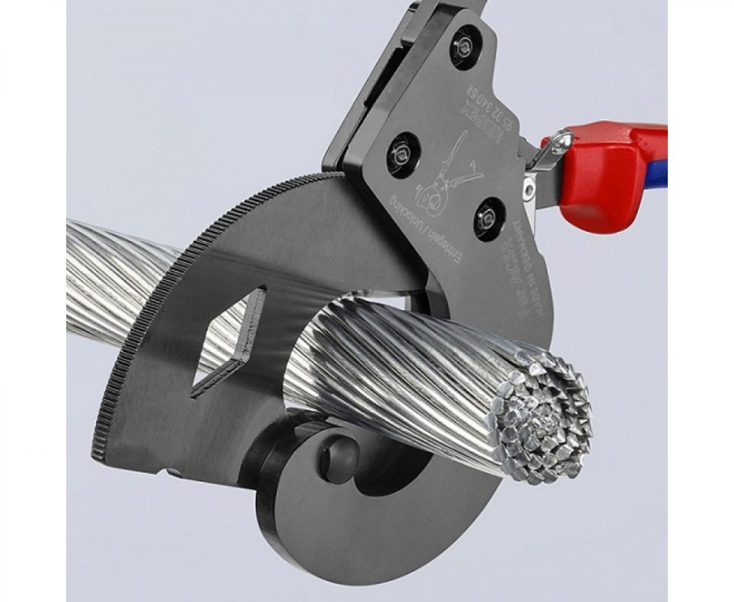 картинка Ножницы по принципу трещотки для резки кабелей ACSR Knipex KN-9532340SR от магазина "Элит-инструмент"