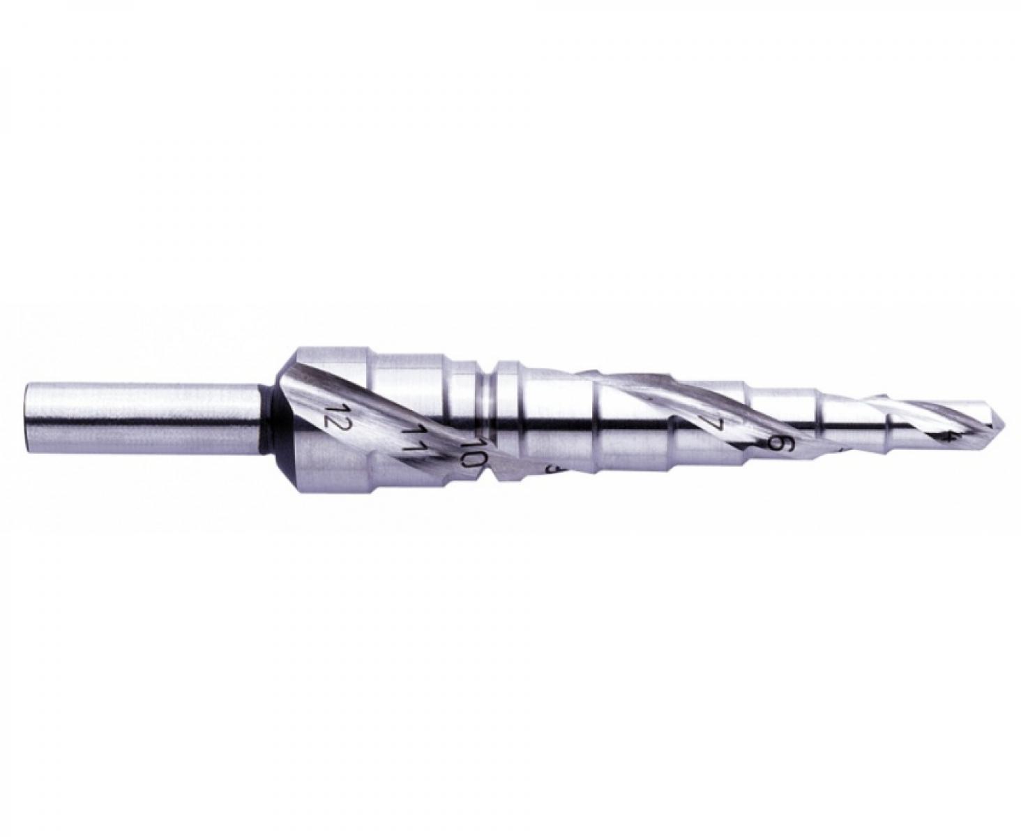 картинка Сверло ступенчатое по металлу со спиральной канавкой 4 - 12 мм Exact GQ-07001 трехопорный хвостовик RotaStop от магазина "Элит-инструмент"