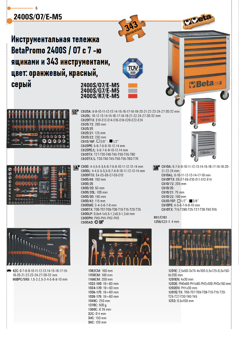 картинка 2400S-07/E-M5 Инструментальная тележка 7 ящиков в комплекте с 343 предметами к набору оборудования для мастерских BETA 024000722 от магазина "Элит-инструмент"