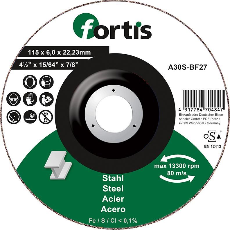 Диск для грубой шлифовки стали, FORTIS 4317784704854 (внешний ø - 125 мм / толщина - 6 мм / форма пластины - Offset / диаметр отверстия - 22,23 мм / макс.об/мин - 12250 min-1)