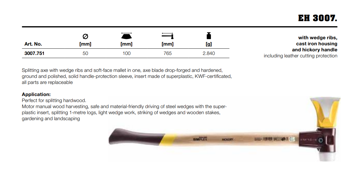 картинка HALDER 3007.751 - Топор-колун SIMPLEX с клиновыми ребрами - со сверхпластичным молотковым наконечником, чугунным корпусом и ручкой из гикори от магазина "Элит-инструмент"