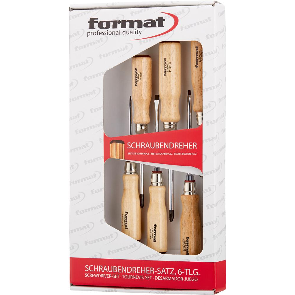 Набор ударных отверток, деревянная ручка, шлицевая/PH, 6 шт. FORMAT 6354 0010 Fplus