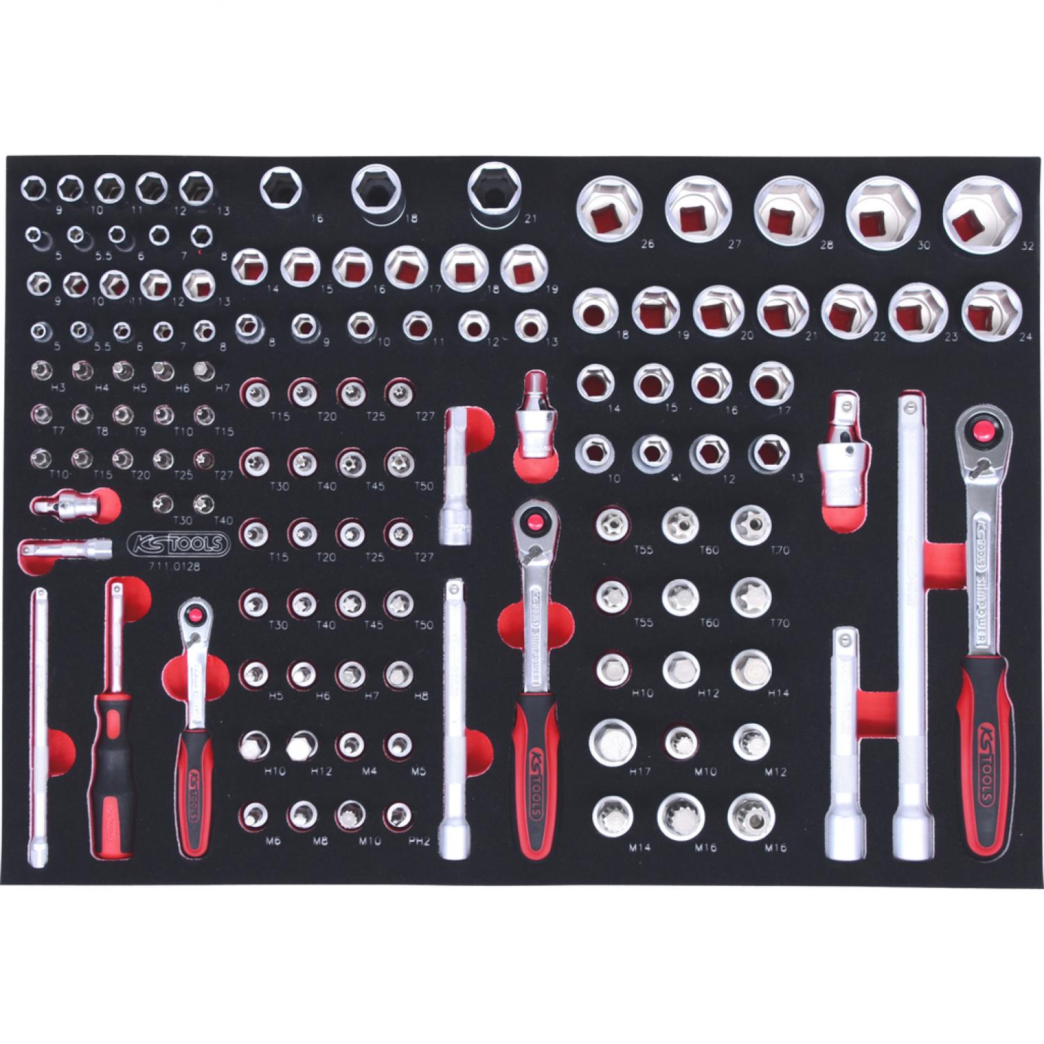 картинка Комплект торцовых ключей SCS 1/4"+3/8"+1/2'', 128 шт, во вкладке на 1/1 инструментального ящика от магазина "Элит-инструмент"