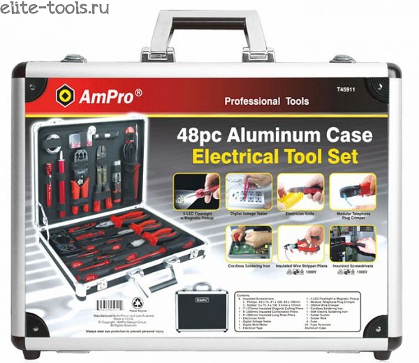 картинка Набор инструментов для электрика, 48 предметов AmPro T45911  от магазина "Элит-инструмент"