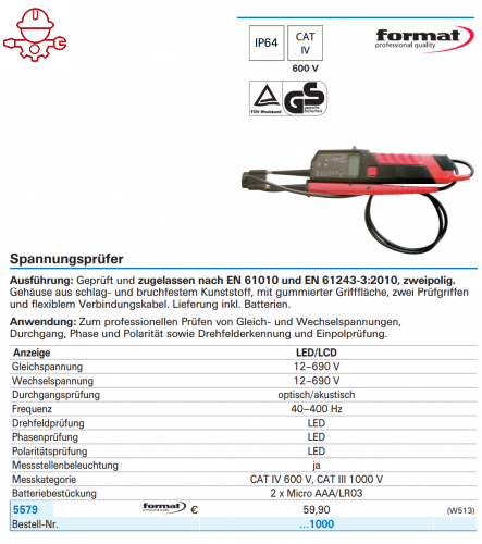 5579 Комбинированный прибор LED/LCD для проверки напряжения и целостности электрической цепи, 12-690 В AC/DC Format 5579 1000 Fplus 