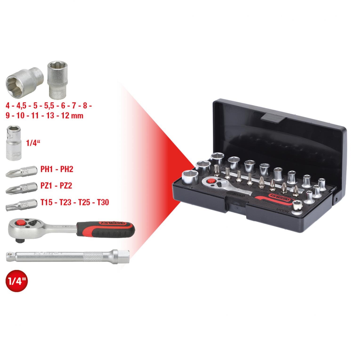 Комплект торцовых ключей с трещоткой 1/4'', 23 шт. KSTools 911.0623