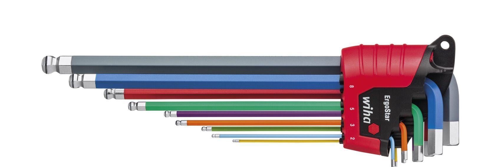 картинка Набор цветных шестигранных штифтовых ключей c MagicRing со сферической головкой Wiha Ergostar SB 369R E9F 41980, 9 предметов в блистере от магазина "Элит-инструмент"