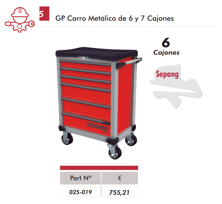 картинка Тележка инструментальная GP Sepang для мастерской, автосервиса - 6 выдвижных ящиков Dogher 025-019 от магазина "Элит-инструмент"