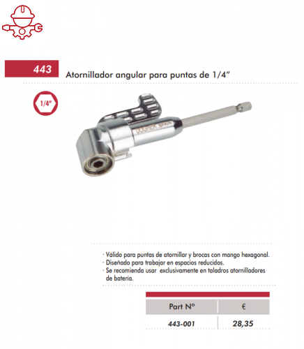 Угловая отвертка для наконечников 1/4 дюйма Dogher Tools 443-001