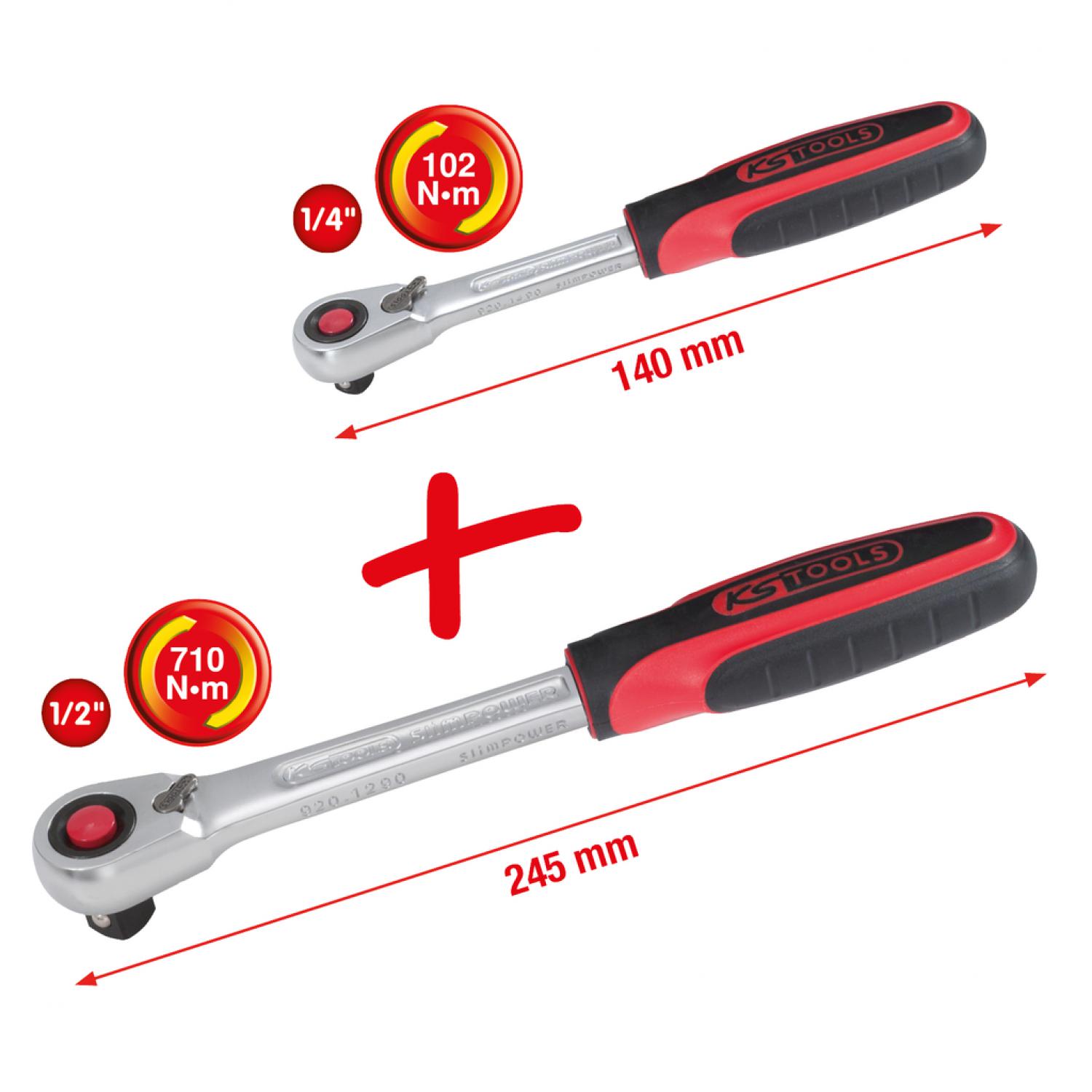 Комплект переключающихся ключей с трещоткой SlimPOWER, 2 шт, 1/4"+1/2"