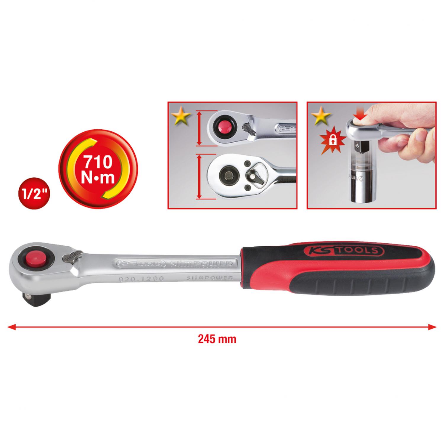 Переключающийся ключ с трещоткой 1/2" SlimPOWER, 72 зубца
