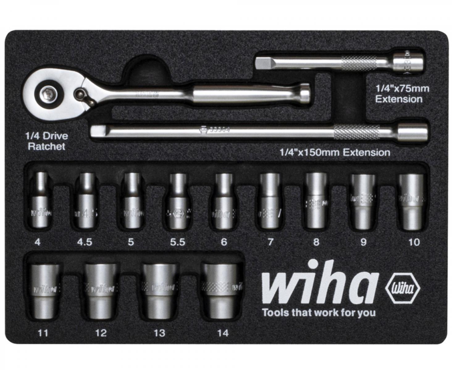 картинка Набор торцевых головок с трещоткой 1/4" Wiha 44683 17 предметов от магазина "Элит-инструмент"