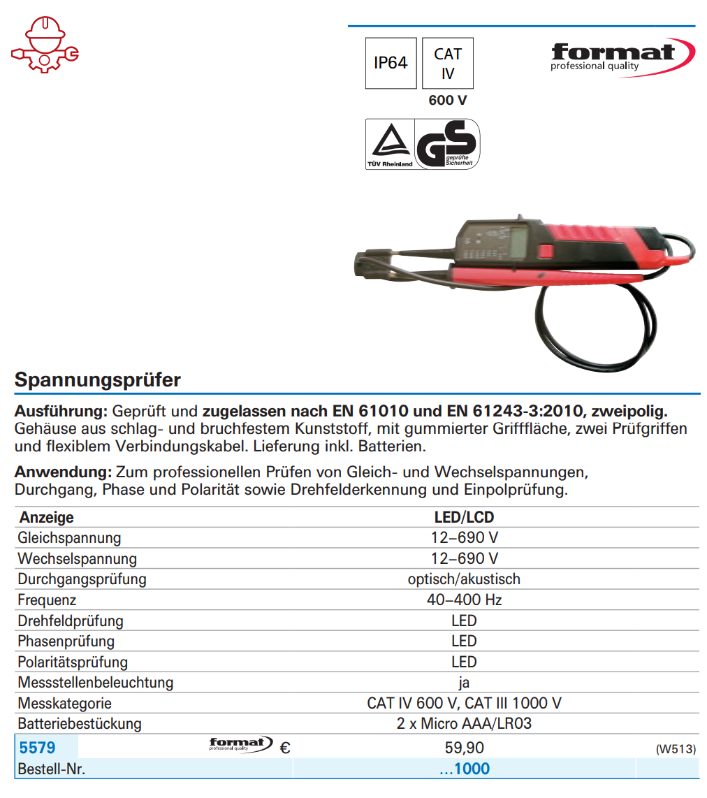 картинка 5579 Комбинированный прибор LED/LCD для проверки напряжения и целостности электрической цепи, 12-690 В AC/DC Format 5579 1000 Fplus  от магазина "Элит-инструмент"