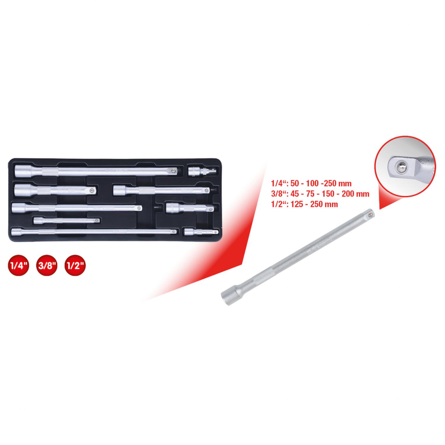 Набор удлинителей 1/4"+3/8"+1/2", 9 частей