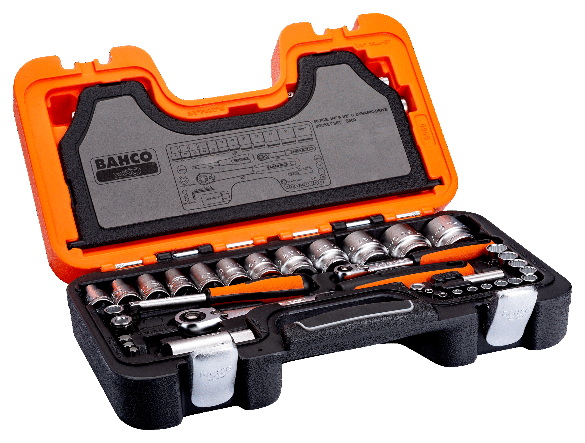 1/4" и 1/2" Набор торцевых головок, пластиковый кейс. 56 предметов BAHCO S560