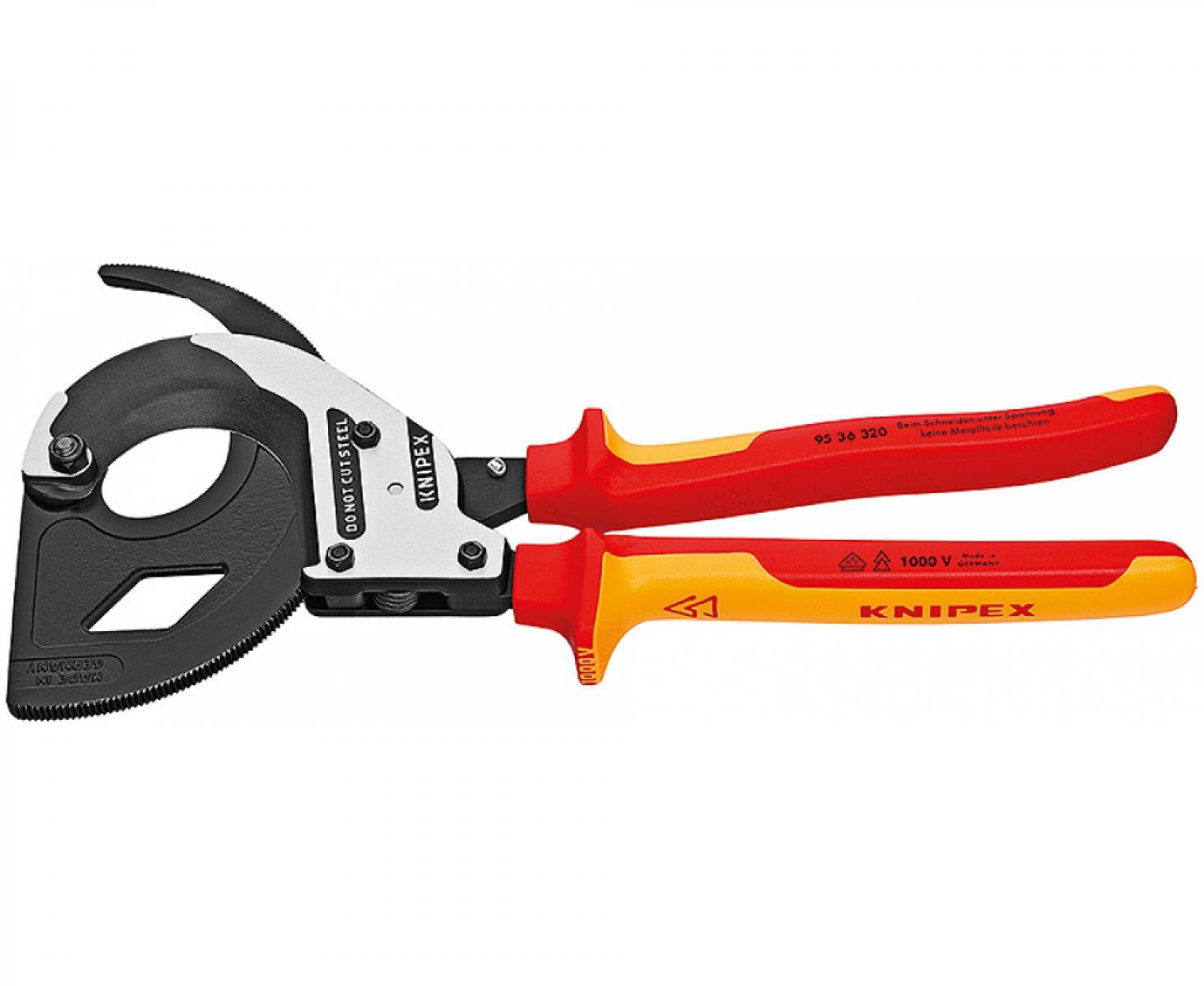 картинка Ножницы для резки кабелей по принципу трещотки VDE, 3 передачи Knipex KN-9536320 от магазина "Элит-инструмент"