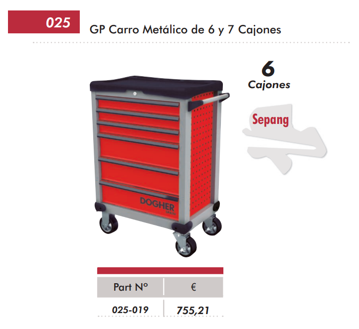 картинка Тележка инструментальная GP Sepang для мастерской, автосервиса - 6 выдвижных ящиков Dogher 025-019 от магазина "Элит-инструмент"