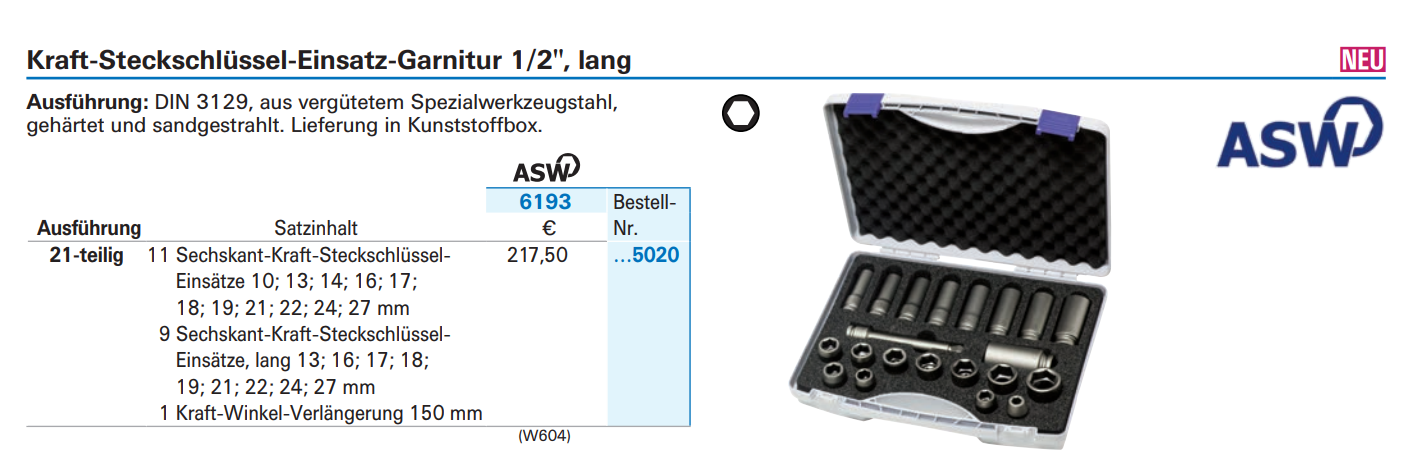 картинка Набор ударных стандартных и удлинённых головок Set 1/2 ", 21-Piece ASW 6193 5020 Fplus от магазина "Элит-инструмент"