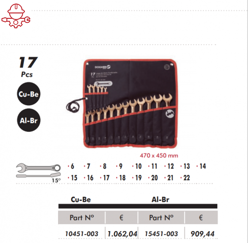 Набор комбинированных искробезопасных ключей из Cu-Be размер 6-22мм Dogher, Испания
