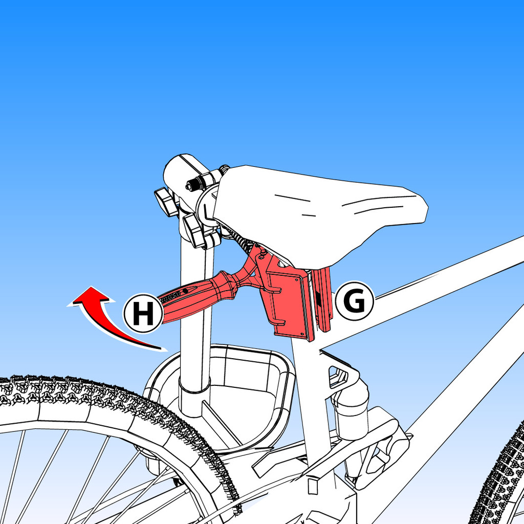 Надёжно удерживайте раму велосипеда (G). Перебросьте ручку (H) для быстрого освобождения трубы из тисков.