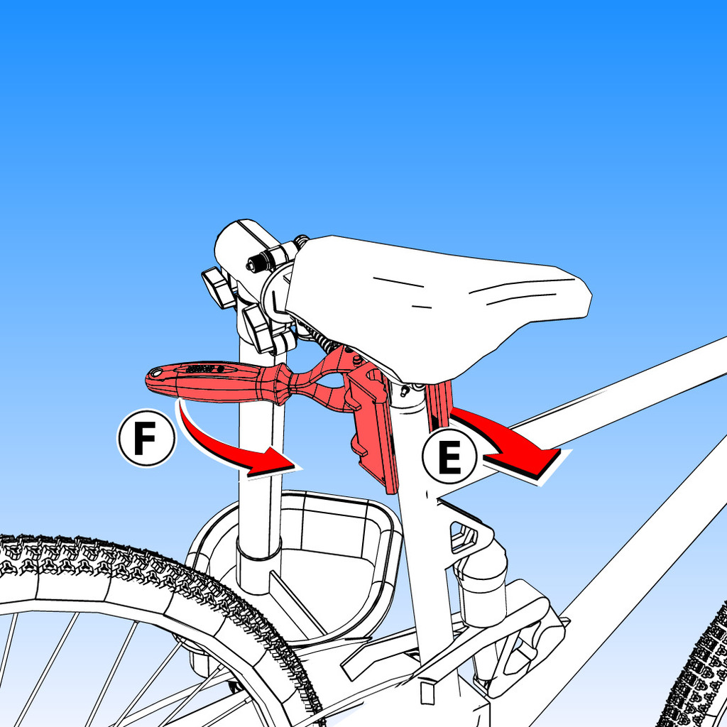 Подстройте открытые тиски (Е) под трубу велосипеда. Поворачивайте ручку (F), пока тиски не вместят всю трубу рамы. Отрегулируйте усилие захвата – чтобы избежать повреждения велосипеда, не перетягивайте тиски.