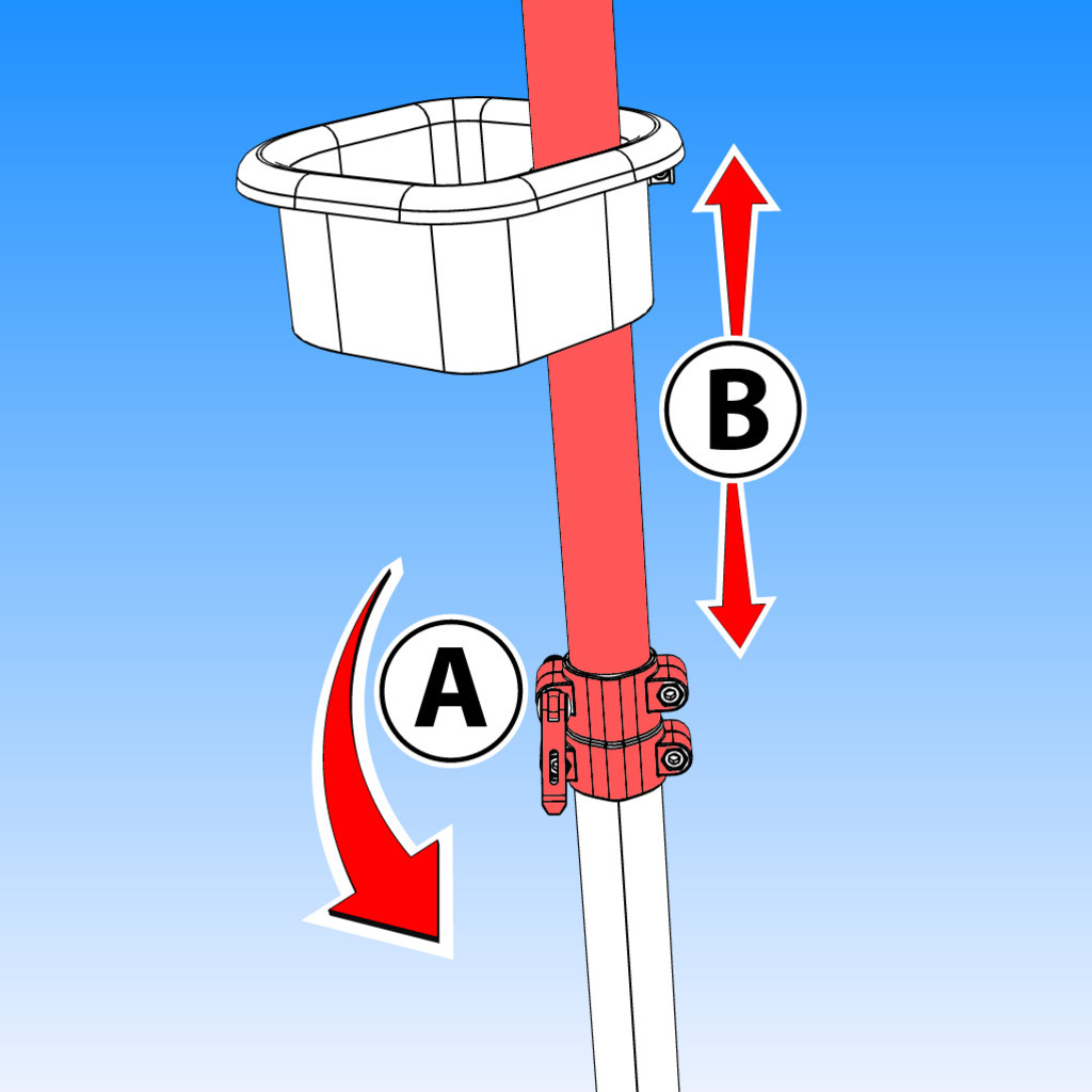 Для регулировки высоты велосипедного стенда освободите рычаг (А) и отрегулируйте высоту трубы стенда (В).